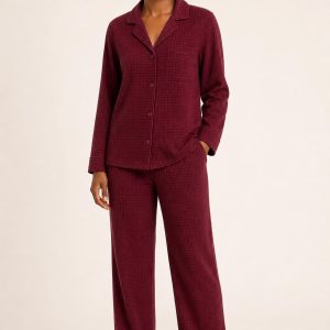 Women's Burgundy Tonal Texture Pajama Set worn with an adult model