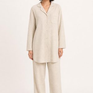 Women's Oatmeal Tonal Texture Nightshirt and Pants Set worn with an adult model