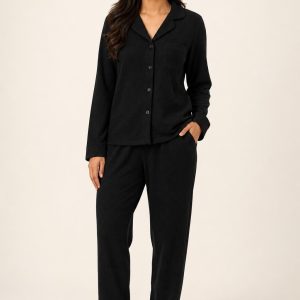Women's Black Tonal Texture Jersey Pajama Set worn with an adult model