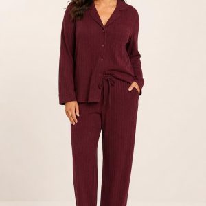 Women's Burgundy Tonal Texture Knit Sleep Set worn with an adult model