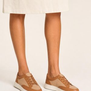 Women's Camel Two-tone Panel Low-Top Sneaker worn with an adult model