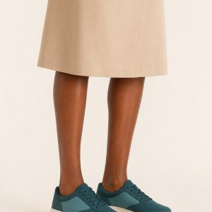 Women's Teal Two-tone Panel Court Sneaker worn with an adult model