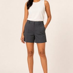 Women's Charcoal Tailored Shorts worn with an adult model