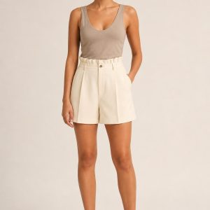 Women's Cream Paperbag Shorts worn with an adult model