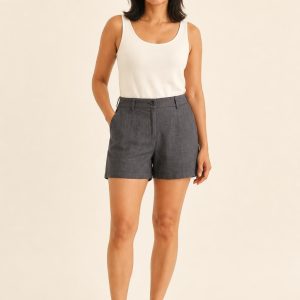 Women's Charcoal Linen Shorts worn with an adult model