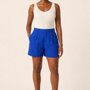 Women's Cobalt Tonal Texture Tailored Shorts worn with an adult model