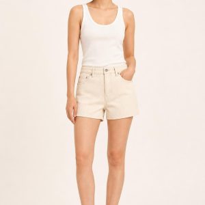 Women's Cream Tonal Texture Denim Shorts worn with an adult model