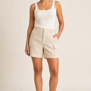 Women's Cream Tonal Texture Cargo Shorts worn with an adult model