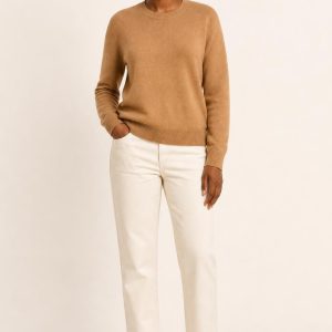 Camel Cashmere Blend Crewneck worn with an adult model