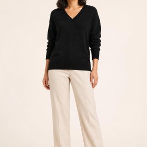 Women's Black V-Neck Sweater worn with an adult model