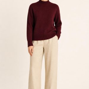 Women's Burgundy Mock-Neck Sweater worn with an adult model