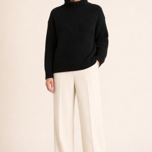 Women's Black Funnel-Neck Sweater worn with an adult model