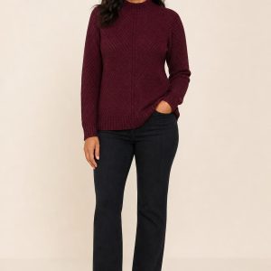 Women's Burgundy Tonal Texture Mock-Neck Sweater worn with an adult model
