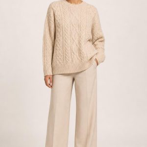 Women's Oatmeal Tonal Texture Cable Sweater worn with an adult model