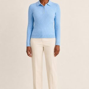 Women's Sky Tonal Texture Polo Sweater worn with an adult model