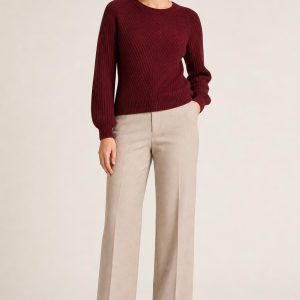 Women's Burgundy Tonal Texture Rib Sweater worn with an adult model