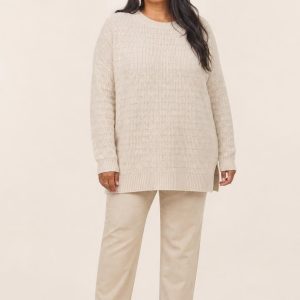 Women's Oatmeal Tonal Texture Tunic Sweater worn with an adult model