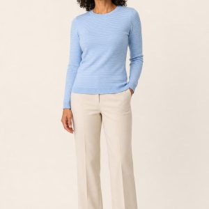 Women's Sky Fine Stripe Crewneck Sweater worn with an adult model