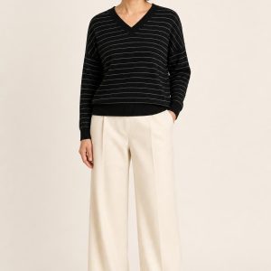 Women's Black Fine Stripe V-Neck Sweater worn with an adult model