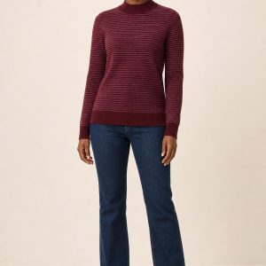 Women's Burgundy Fine Stripe Mock-Neck Sweater worn with an adult model