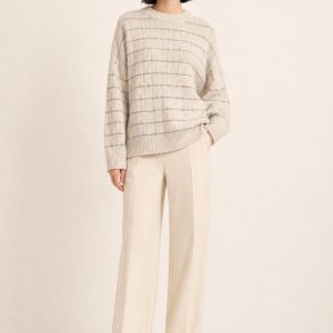 Women's Oatmeal Fine Stripe Cable Sweater worn with an adult model