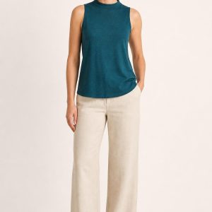 Women's Teal High-Neck Tank worn with an adult model