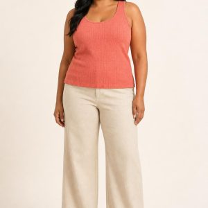 Women's Coral Tonal Texture Rib Tank worn with an adult model