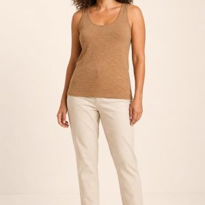 Women's Camel Tonal Texture Scoop-Neck Tank worn with an adult model