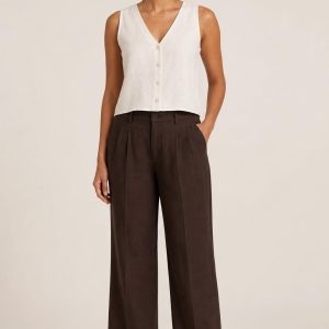 Chocolate Linen Blend Trousers worn with an adult model