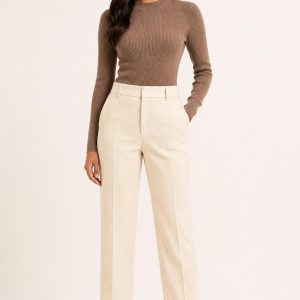Women's Cream Tailored Trousers worn with an adult model