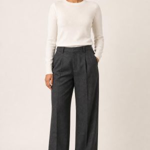 Women's Charcoal Pleated Trousers worn with an adult model