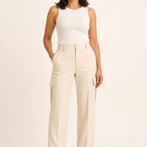 Women's Cream Cargo Trousers worn with an adult model