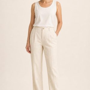 Women's Cream Linen Trousers worn with an adult model