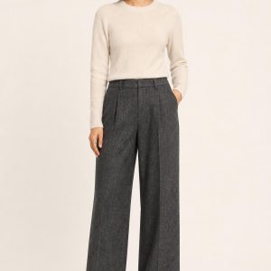 Women's Charcoal Tonal Texture Wide-Leg Trousers worn with an adult model