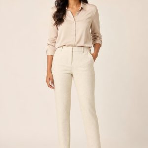 Women's Cream Tonal Texture Cigarette Trousers worn with an adult model
