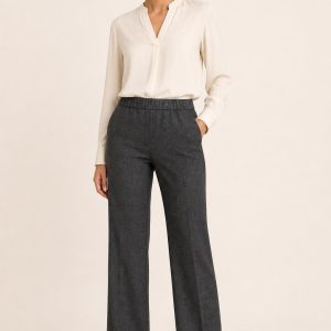 Women's Charcoal Tonal Texture Pull-On Trousers worn with an adult model
