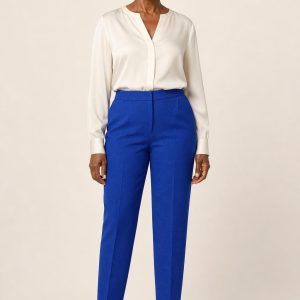 Women's Cobalt Tonal Texture Tapered Trousers worn with an adult model