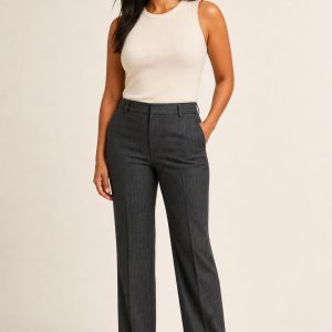Women's Charcoal Fine Stripe Tailored Trousers worn with an adult model