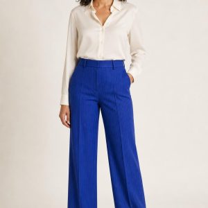 Women's Cobalt Fine Stripe Wide-Leg Trousers worn with an adult model