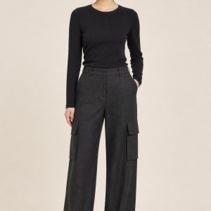 Women's Charcoal Fine Stripe Cargo Trousers worn with an adult model