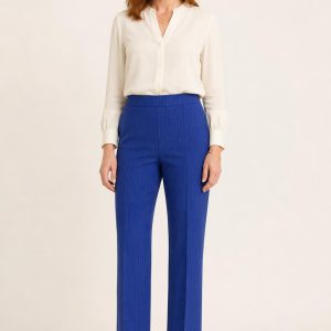 Women's Cobalt Fine Stripe Pull-On Trousers worn with an adult model