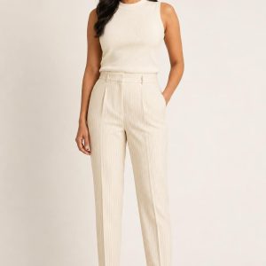 Women's Cream Fine Stripe Tapered Trousers worn with an adult model