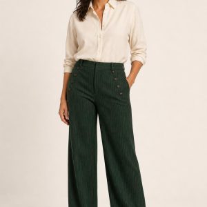 Women's Forest Fine Stripe Sailor Trousers worn with an adult model