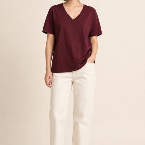 Women's Burgundy V-Neck Tee worn with an adult model