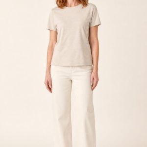 Women's Oatmeal Boxy Tee worn with an adult model