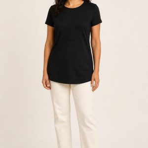 Women's Black Longline Tee worn with an adult model