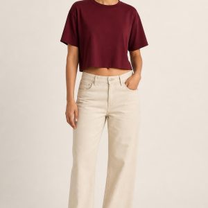 Women's Burgundy Cropped Tee worn with an adult model