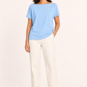 Women's Sky Boat-Neck Tee worn with an adult model
