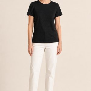 Women's Black Tonal Texture Crew Tee worn with an adult model