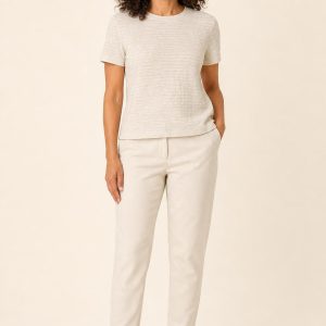 Women's Oatmeal Tonal Texture Boxy Tee worn with an adult model